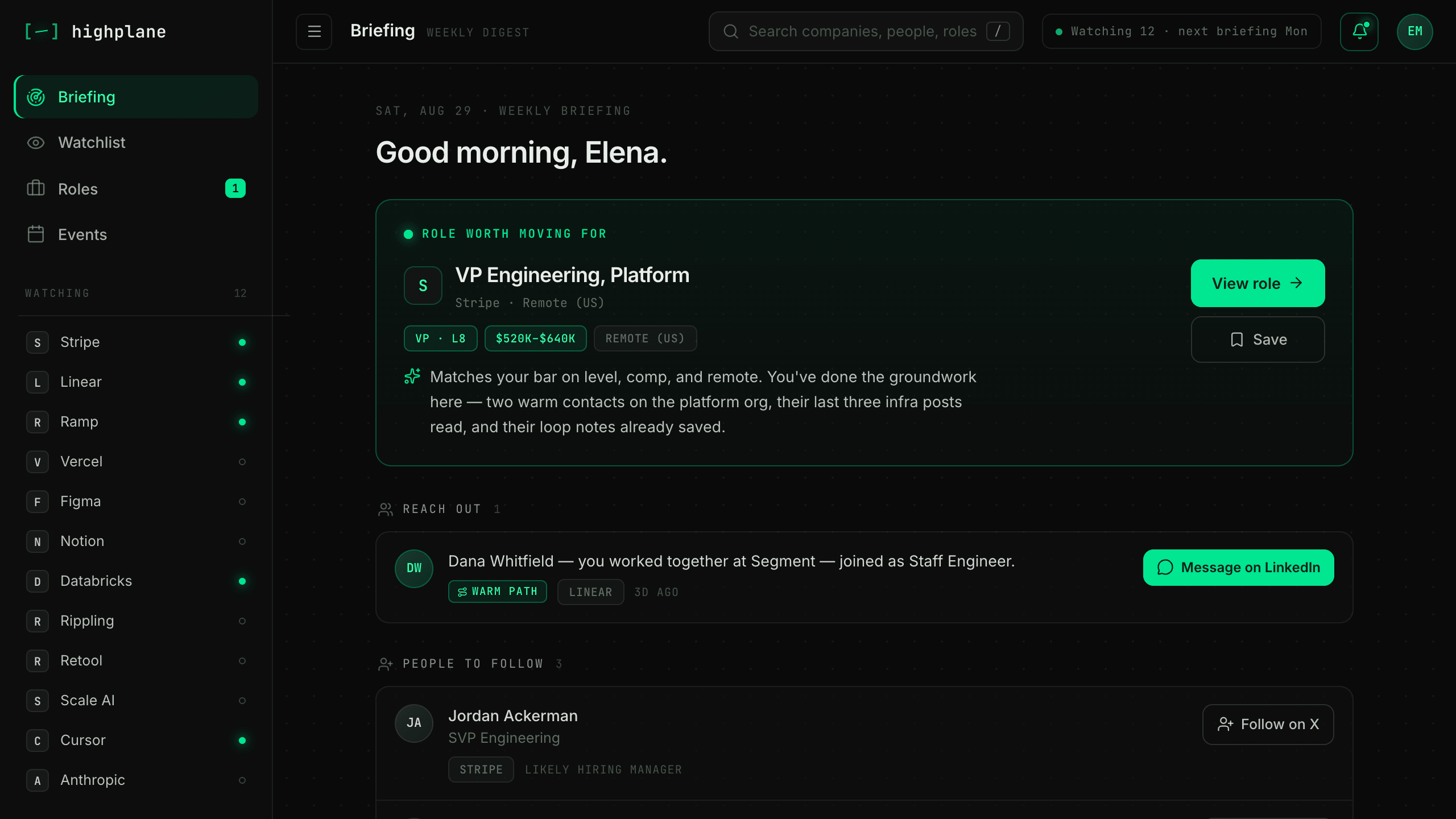 Highplane weekly briefing dashboard showing a matched VP Engineering role at a watched company